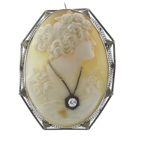 0.20ct  Old Mine  Diamond  14k Yellow Gold Cameo Pin