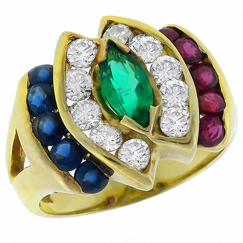 0.40ct Marquise Emerald 0.60ct Round Ruby1.00ct  Round Diamond  0.60ct Round  Sapphire 18k Yellow Gold Ring