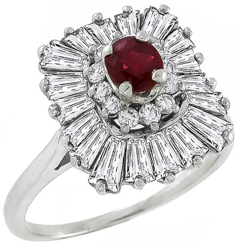 Cushion Cut Ruby Baguette Cut Diamond 14k White Gold Ballerina Ring