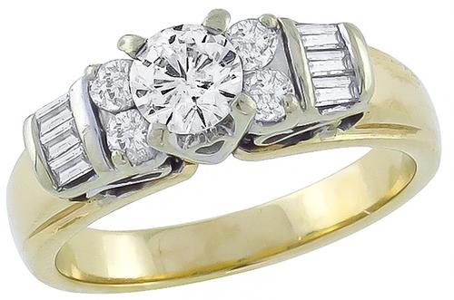 Round Cut Center Diamond Baguette and Round Cut Side Diamond 14k Yellow And White Gold Ring