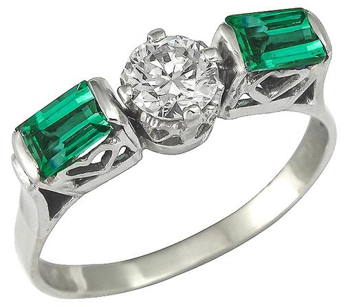 Round Cut Diamond Emerald Cut Emerald 14k White Gold Ring