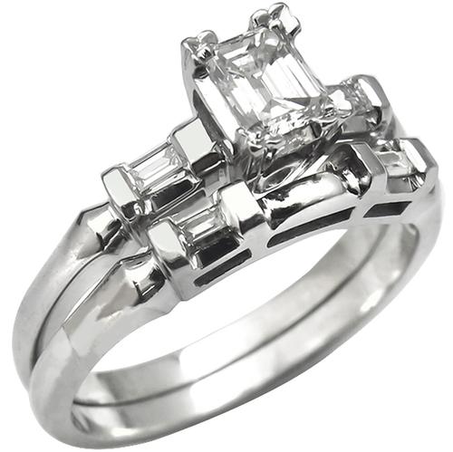 Vintage 0.50ct Emerald Cut Diamond 14k White Gold Engagement Ring & Wedding Band Set