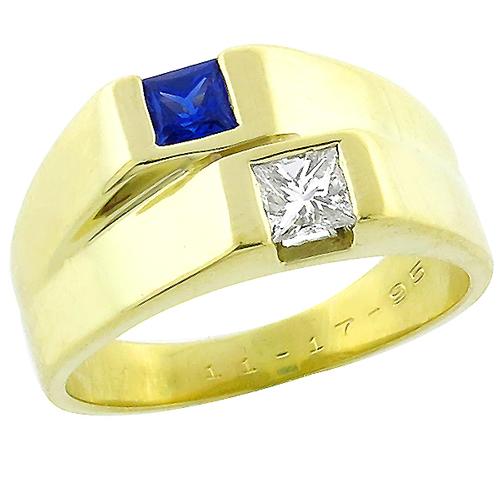 0.50ct Square Cut Sapphire 0.50ct Princess Cut  Diamond 18k Yellow Gold Ring 