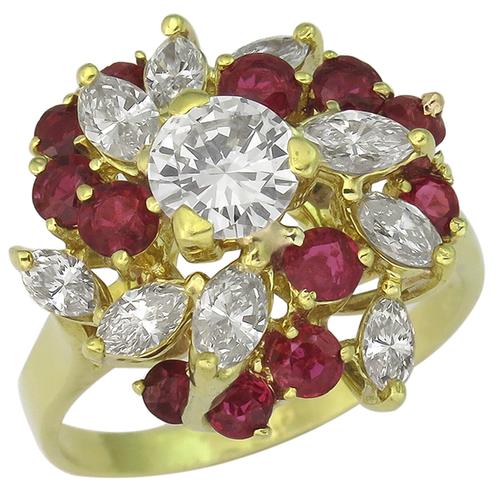 Round and Marquise Cut Diamond Round Cut Burmese Ruby 18k Yellow Gold Ring