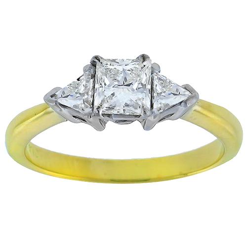 0.70ct  Princess Cut & 0.40ct Trilliant Cut Diamond 14k Yellow Gold Engagement Ring 