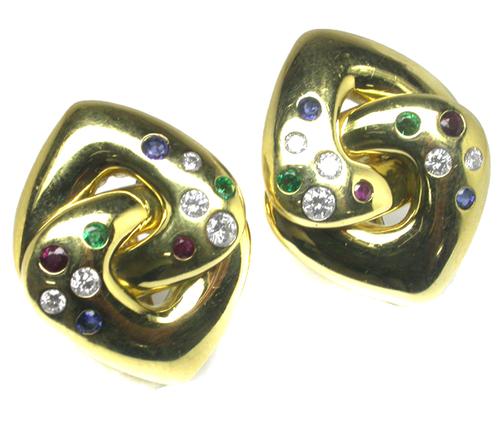 Round Cut Diamond Ruby Sapphire and Emerald 18k Yellow Gold Earrings