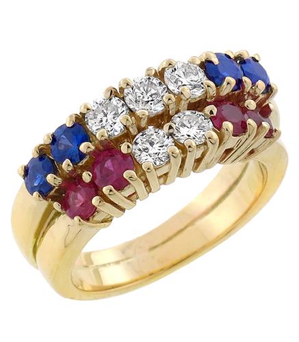 0.75ct Round Cut  Sapphire 0.75ct Round Cut  Ruby 0.75ct Round Cut  Diamond Cluster 14k Yellow Gold Ring 