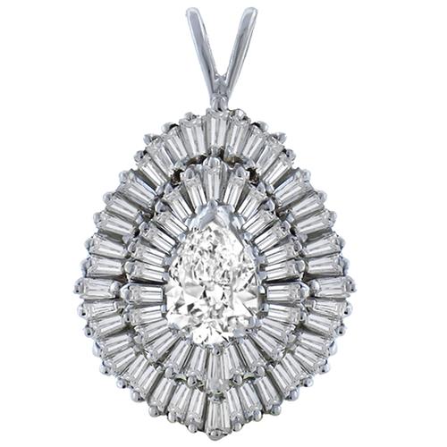 0.80ct Old Mine Pear Shape & 1.30ct Baguette Cut Diamond 14k White Gold Pendant 