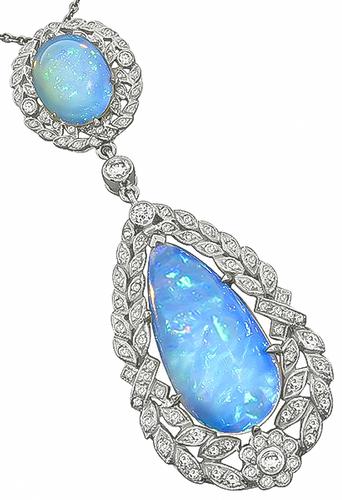 Edwardian Style Round Cut Diamond Cabochon Opal 14k White Gold Pendant