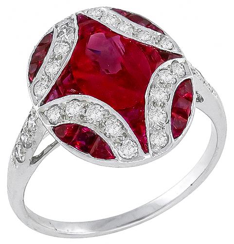 Oval and Faceted Cut Ruby Round Cut Diamond 18k White Gold Ring