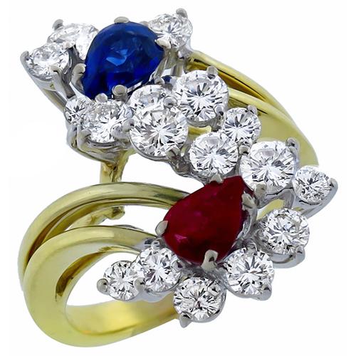 0.95ct Pear Shape Sapphire 0.65ct Pear Shape  Ruby 2.85ct Round Cut  Diamond Cluster  18k Yellow Gold Ring 