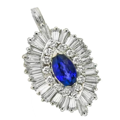 Marquise Cut Sapphire Round & Tapered Cut Diamond Platinum Pendant