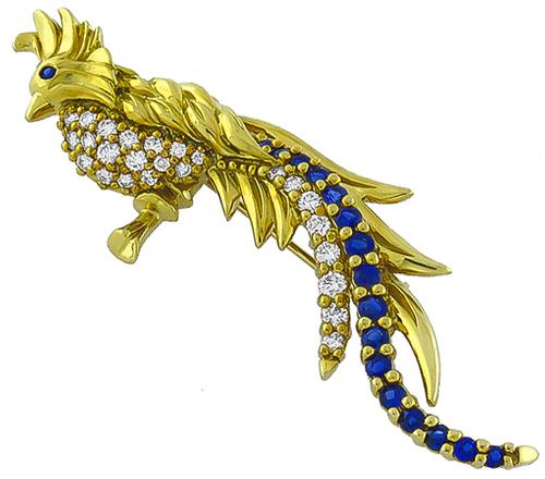 Round Cut Diamond Round Cut Sapphire 18k Yellow Gold Bird Pin