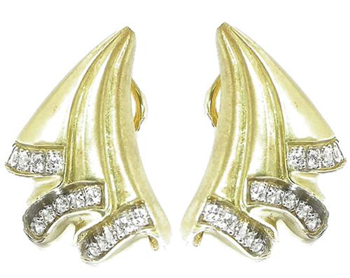 Round Cut Diamond 14k Yellow Gold Fan Earrings