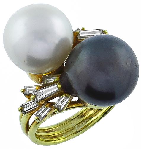 Baguette Cut Diamond South Sea Pearl 18k Yellow Gold Cocktail Ring