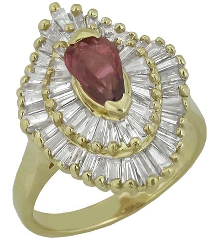 Pear Shape 1.00ct Ruby 1.10ct Baguette Cut  Diamond 18k Yellow Gold Ballerina Ring