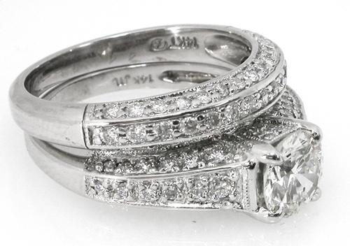 GIA Certified 1.06ct Round Brilliant Diamond 14k White Gold Engagement Ring & Diamond Wedding Band Set