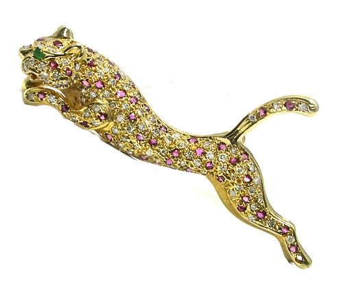 1.14ct   Diamond Ruby  14k Yellow Gold Panther  Pin