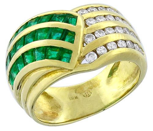 Square Cut Emerald Round Cut Diamond 18k Yellow Gold Ring