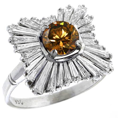 1.15ct Round Cut  Fancy  Brown  Diamond  1.40ct Round Cut  White Diamond Platinum Ring