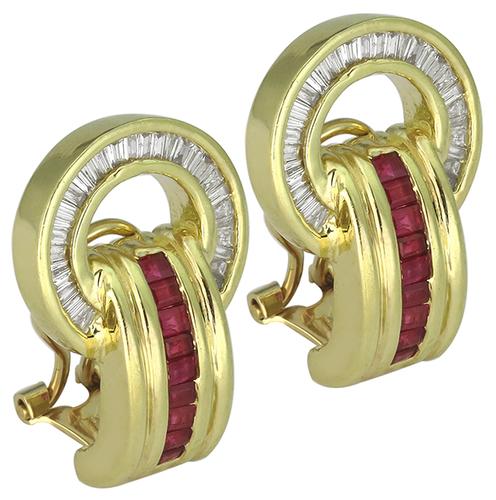 Baguette Cut Diamond Baguette Cut Ruby 14k Yellow Gold Earrings