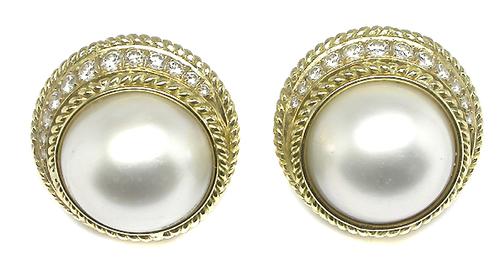 Mabe Pearl Round Cut Diamond 18k Yellow Gold Earrings