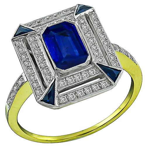 Emerald Cut Sapphire Round Cut Diamond 18k Yellow and White Gold Ring