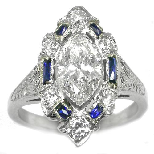 Antique Plat. Diamond Sapphire Ring 1.28ct. Marquise Brilliant cut GIA Certified 