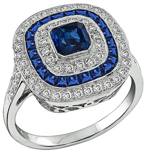 Faceted Cut Sapphire Round Cut Diamond 18k White Gold Ring