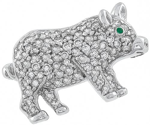 Round Cut Diamond 18k White Gold Pig Pin