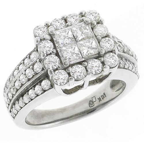 Estate  1.50ct Round & Princess Cut Diamond Cluster 14k White Gold  Ring