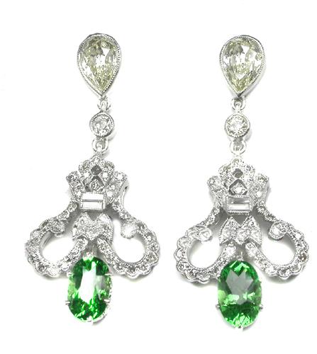 Oval Cut Tsavorite Pear and Old Mine Cut Diamond 18k White Gold Earrings