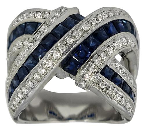 Vintage 1.50ct Square Cut Sapphire 0.75ct Round Cut Diamond 18k White  Gold Crossover  Ring