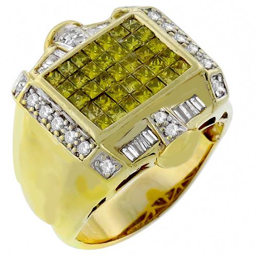 1.60ct  Princess Cut Fancy Yellow Diamond  0.50ct Round & Baguette  White Diamond  14k Yellow Gold Ring 