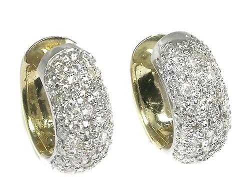 Round Cut Diamond 14k Yellow and White Gold Huggies Earrings