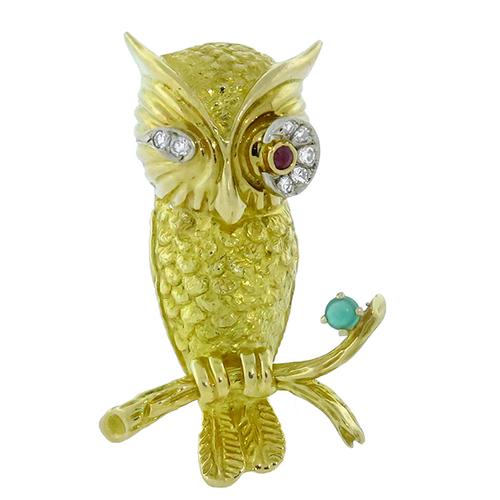 18k Yellow Gold Diamond Ruby Emerald  Owl  Pin