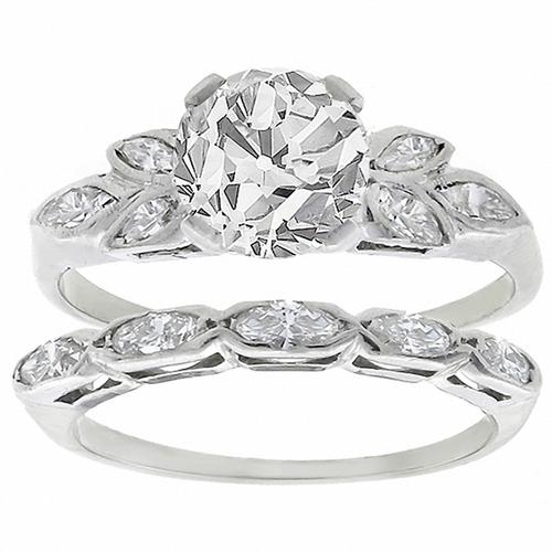 GIA Certified 1.41ct Old European Cut Diamond Center Stone Engagement Ring & 0.50ct Marquise Cut Diamond Wedding Band 14k White Gold Set 