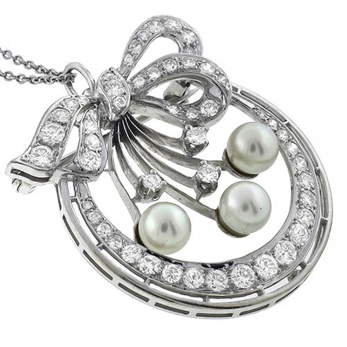 Antique 2.50ct Round Diamond Pearl 14k White Gold Pin/ Pendant 