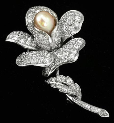 1950s 5.50ct Diamond Pink Pearl Platinum Rose Flower Pin