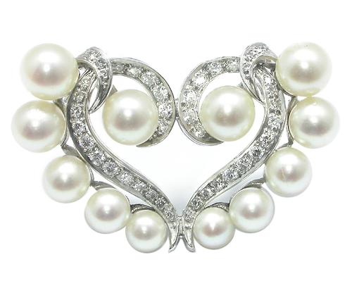 1950s Pearl 1.20ct  Diamond 14k White Gold Heart Pin