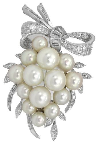 1950s Pearl 1.00ct Diamond 14k White Gold Pin