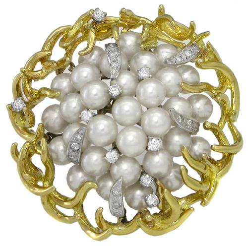 1950s and 1960s Pearl 0.70ct Diamond 18k and 14k Yellow and White Gold Pin