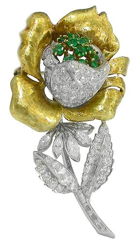 1960s 3.50ct Diamond 0.60ct Emerald 18k Yellow and White Gold Rose Flower Pin