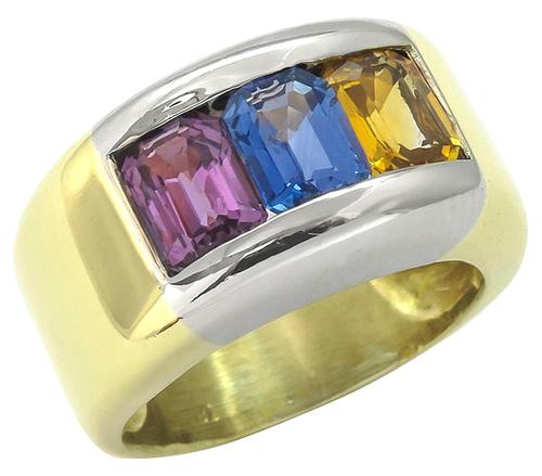 Vinatge 3.75ct Emerald Cut Yellow Blue and Pink Sapphire 18k Yellow and White Gold Ring