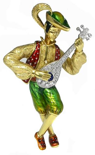 1960's Banjo Player 18K Gold Enamel 1.00ct Diamond 0.80ct Sapphire Pin