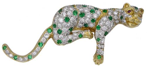 2.30ct Diamond 1.30ct Emerald 18k Yellow Gold Panther Pin