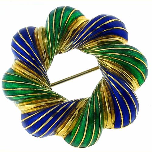 Vintage Green & Blue Enamel 18k Yellow Gold Pin