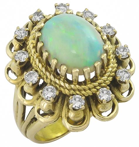 Vintage Oval Shape Opal Round Cut Diamond 14k Yellow Gold 