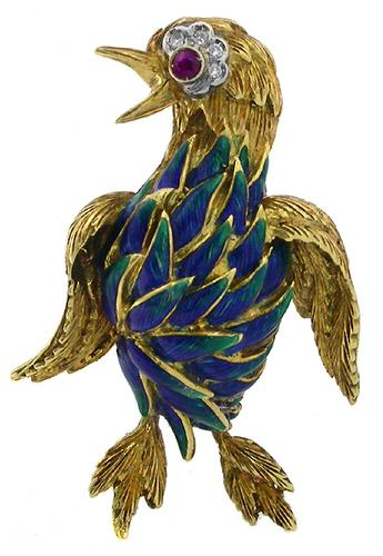 1960s Ruby Diamond Enamel 18k Yellow Gold Bird Pin