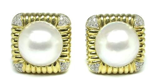 Vintage Mabe Pearl Round Cut Diamond 18k Yellow Gold Earrings